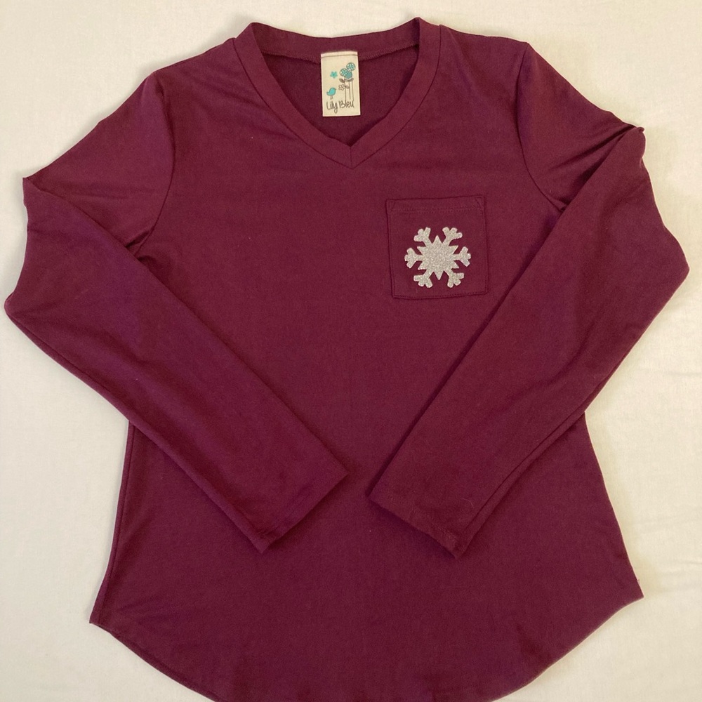 Lily Bleu Youth Girl’s Long Sleeve Shirt Size Large 14 Snowflake Pocket Purple